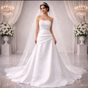 David’s Bridal Wedding Dress Size 12-14 White Strapless Satin Beaded LNWT